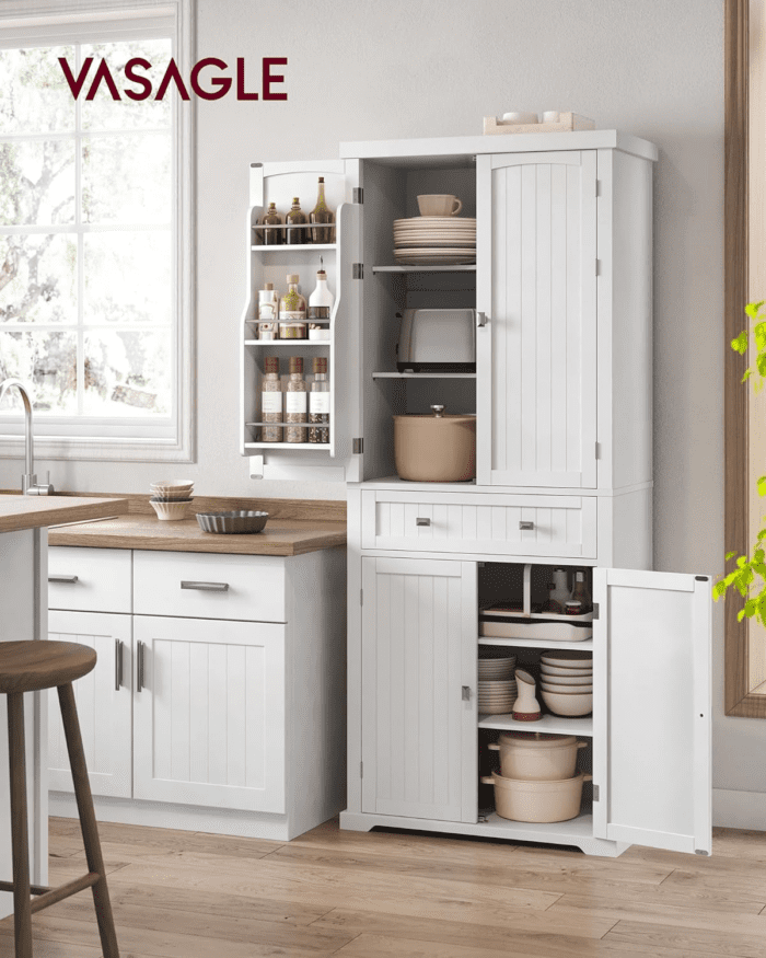 Pantry Cabinet, 15.7 X 30 X 71.7 Inches, Freestanding Tall Cupboard Storage Cabinet with a Drawer, 2 Cabinets, 4 Adjustable Shelves, 6 Door Shelves, Living Room, Kitchen, White UBBC561P31V2 - Image 2