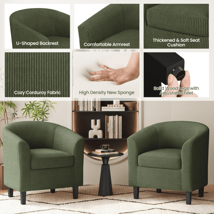 Corduroy Barrel Chairs Set of 2, Upholstered Club Chairs Accent Chairs, round Armchairs Waiting Room Chairs with Soft Cushion for Living Room Bedroom Reading Room, Dark Green - Image 5