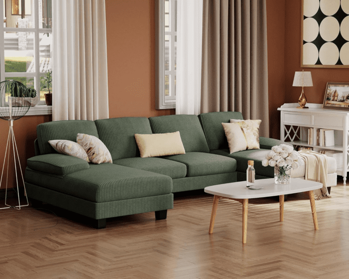 Sectional Couches for Living Room, U-Shaped Sofa Couch with Soft Corduroy, 4 Seat Sofa Set with Double Chaise for Apartment (Corduroy, Dark Green) - Image 7