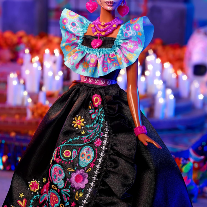 Signature Doll, 2024 Día De Muertos Collectible in Black Dress with Blue Ruffle Top, Embroidered Print, and Colorful Accessories - Image 4