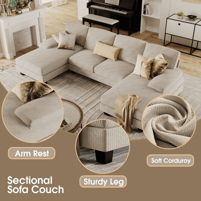 Sectional Couches for Living Room, U-Shaped Sofa Couch with Soft Corduroy, 4 Seat Sofa Set with Double Chaise for Apartment (Corduroy, Beige) - Image 5