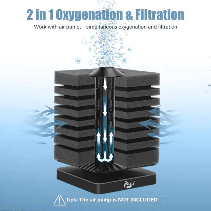 Aquarium Sponge Filter Submersible Filter Ultra Quiet Fish Tank Filters 2 in 1 with Filtration and Aeration with 1 Spare Sponge for Shrimp Betta Fish Tank 30-120 Gallon - Image 2