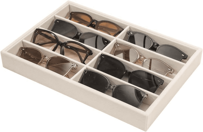 Sunglass Organizer Tray, Beige Velvet Glasses Organizer Trays, Eyeglasses Watches Jewelry Display Organizer Tray Box for Men Women (8 Grids)