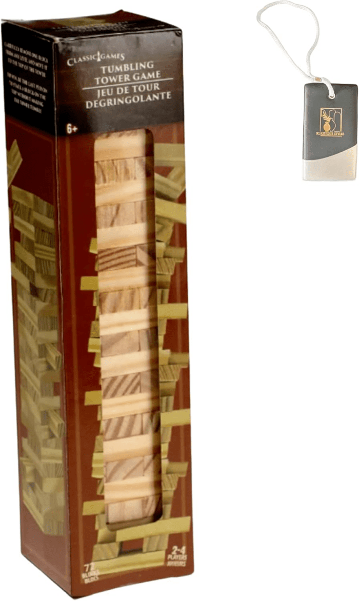 KS Tumbling Tower Game 72 Pieces Challenging Building Blocks Wood Stacking Balancing Backpacking Night Game for House Parties Holiday Travel Set - Pack of 1 with Custom KS Luggage Tag