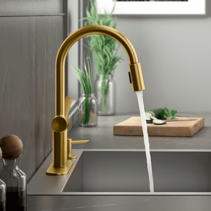 Koi Vibrant Brushed Moderne Brass Single Handle Pull-Down Kitchen Faucet with Sprayer (Deck Plate and Soap Dispenser Included) - Image 3