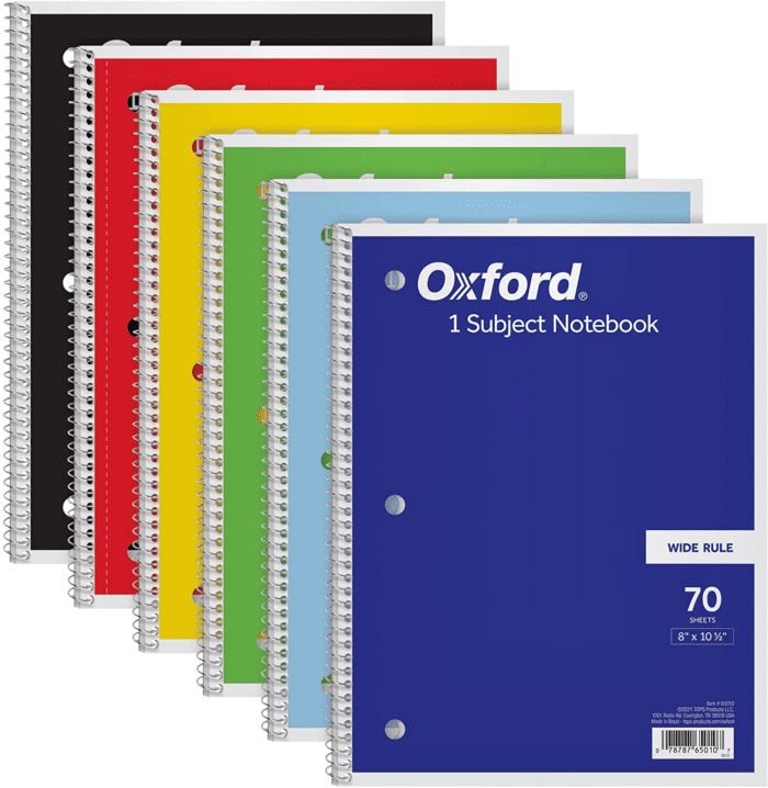 Spiral Notebook 6 Pack, Bulk Wide Ruled Spiral Notebooks for School, 1 Subject Journal, Wide Ruled Paper, 8 X 10-1/2 Inch, Blue, Yellow, Red, Light Blue, Green and Black, 70 Sheets (65010)