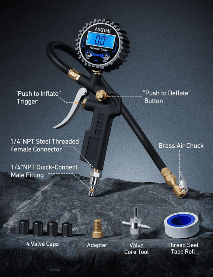 Digital Tire Pressure Gauge with Inflator, 250 PSI Air Chuck & Compressor Accessories Heavy Duty with Quick Connect Coupler, 0.1 Display Resolution, Car Accessories, 1Pack - Image 2