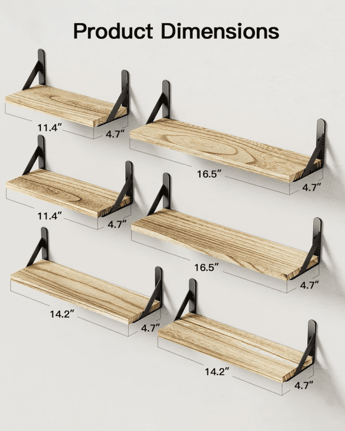 Wall Shelves Set of 6, Wood Floating Shelves for Wall Decor, Rustic Farmhouse Wall Shelves for Bedroom, Bathroom Shelves for Wall Storage, Book Shelves for Living Room, Wooden - Image 3