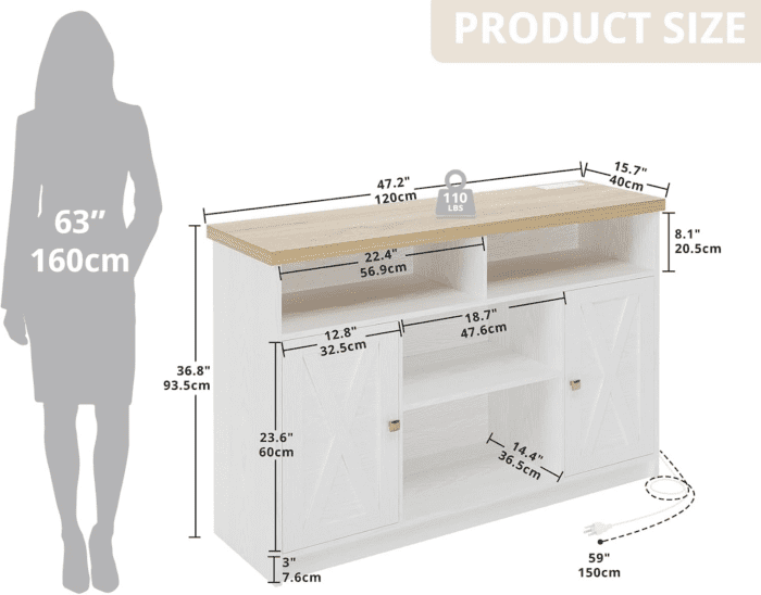 Coffee Bar Cabinet with Power Strip, 47" Storage Cabinet with Barn Doors and Thickened Top Board, White Sideboard, Buffet for Dinning Room, Kitchen, Living Room - Image 3