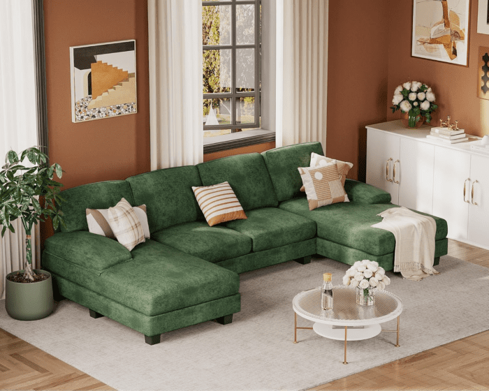 Sectional Couches for Living Room, U Shaped Couch with Chenille Fabric, 4 Seat Modern Sofa with Removable Pillows for Apartment and Small Space (Fabric, Green) - Image 8