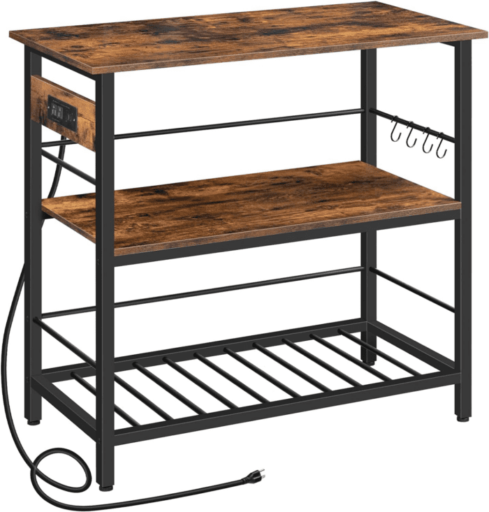 Kitchen Island with Storage, Kitchen Island Table with Power Outlet, 35.4" L 3 Tier Coffee Station and Microwave Stand, for Home, Kitchen and Dining Room, Rustic Brown and Black BF021ZD01