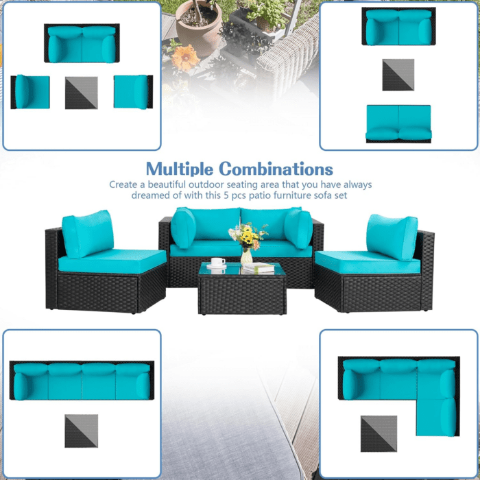 5 Pieces Outdoor Patio Sectional Sofa Couch, Black PE Wicker Furniture Sets, Patio Conversation Sets with Washable Cushions Glass Coffee Table for Garden, Poolside, Backyard,Blue - Image 3