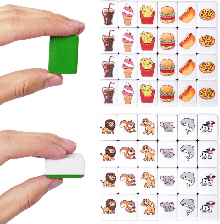 2 Players Mahjong Block Set, Mahjong Tile Game with 49 Premium Green Tiles(30Mm) Animal and Food Pattern, Portable Mahjongg Set with a Carry Bag - Image 5