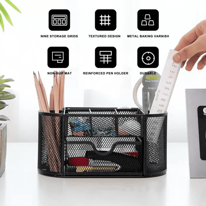 Mesh Desk Organizer Desktop Office Supplies Multi-Functional Caddy Pen Holder Stationery with 8 Compartments and 1 Drawer for Office, Home, School, Classroom (Black) - Image 6