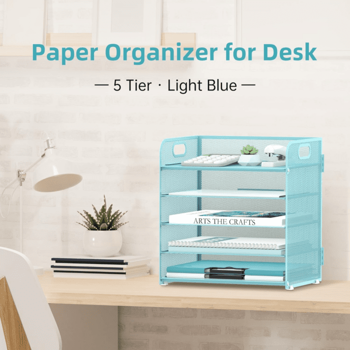 5 Trays Paper Organizer Letter Tray with Handle-Mesh Desk File Organizer, Paper Sorter Desk Organizer for Office, Home or School (Light Blue) - Image 2