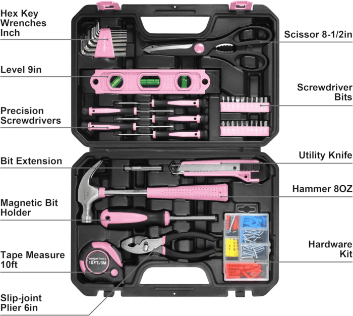 DIY Household Tool Set with Storage Case, 142 Piece, Pink, 13.39 X 9.25 X 2.95 Inch - Image 3