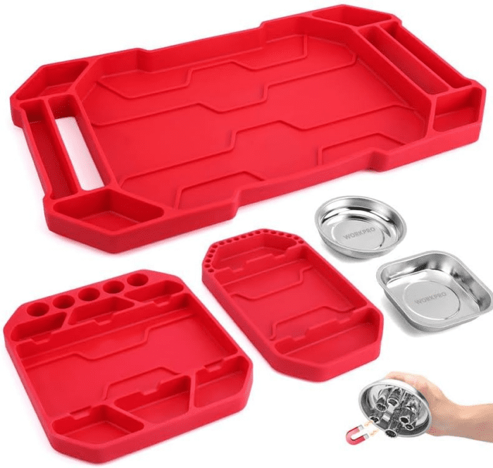 5-Piece Non-Slip Tool Tray Set, 3-Piece Silicone Flexible Tools Organizers and 2-Piece Magnetic Parts Tool Tray, Tool Mat, Tool Holder, Tool Storage (Only Parts Tray Magnetic)