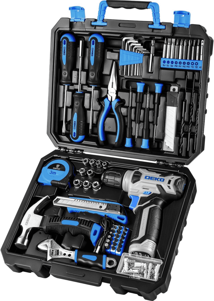 Drill Set: Tool Set with 8V Blue Cordless Drill, Home Tool Kit with Drill, Hand Tool Kits for Women 126 Piece