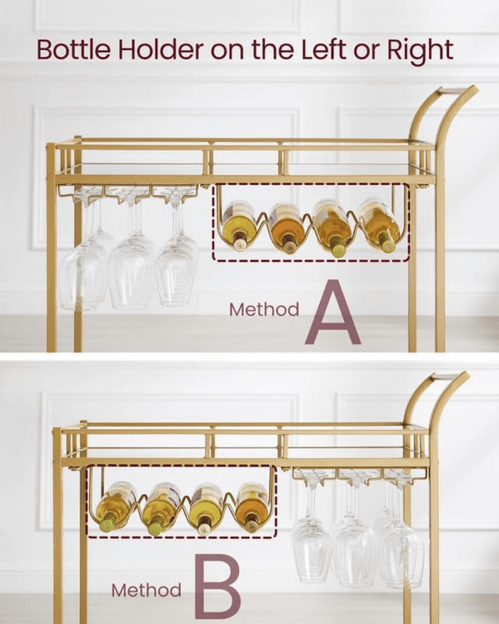 Bar Cart Gold, Home Bar Serving Cart, Wine Cart with 2 Mirrored Shelves, Wine Holders, Glass Holders, for Kitchen, Dining Room, Gold ULRC090A03 - Image 9