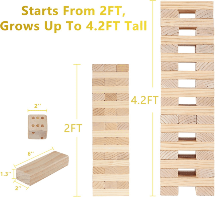 Giant Timber Blocks Games, 56 Blocks Large Tower Outdoor/Indoor Games - Includes Carry Bag and Scoreboard, Wood Stacking Yard Games Grows from 2FT to over 4.2FT for Kids Adults Family - Image 3