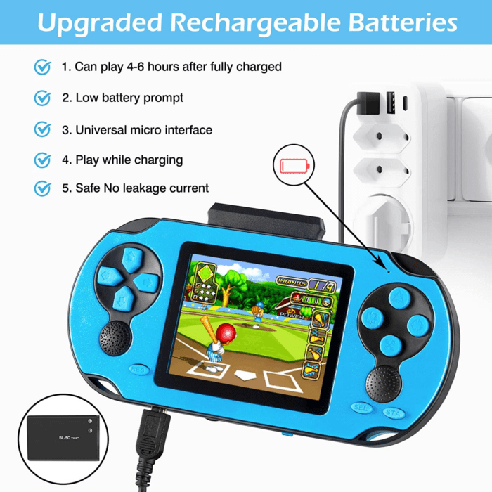 16 Bit Handheld Game for Kids Adults, 3.0'' Large Screen Preloaded 230 HD Classic Retro Video Games with USB Rechargeable Battery & 3 Game Cartridges for Birthday Gift for Kids 4-12 (Blue) - Image 4