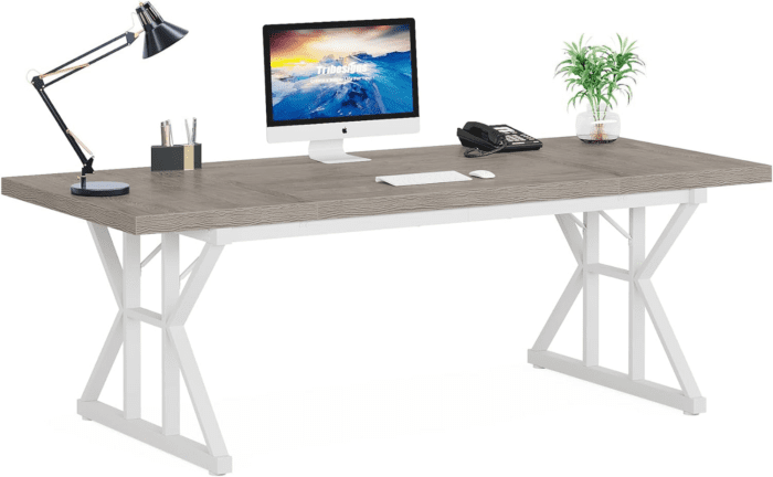 70.8-Inch Executive Desk, Large Computer Office Desk Workstation, Modern Simple Style Laptop Desk Study Writing Table Business Furniture for Home Office (Grey/White, 70.8 Inch) - Image 7