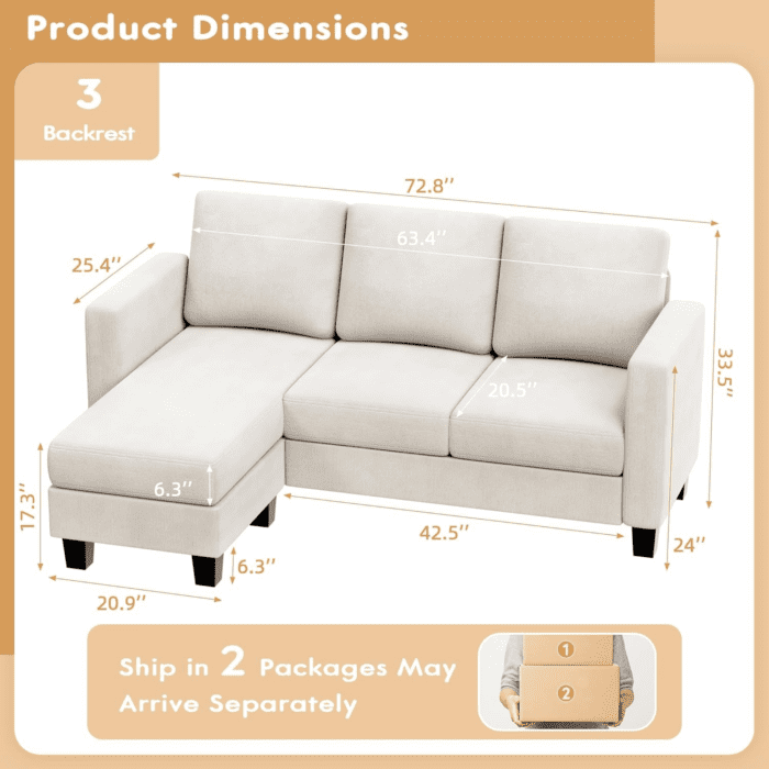 Convertible Sectional Sofa Couch, 3 Seat L-Shaped Sofa with Linen Fabric, Movable Ottoman Small Couch for Small Apartments, Living Room and Office (Whtie) - Image 2