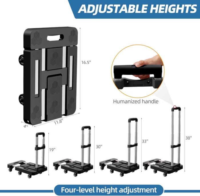 90° Multi-Functional Folding Hand Truck,500Lbs Heavy Duty Dolly - Dolly Cart with 6 Wheels & 2 Elastic Ropes, Hand Cart with Upright Handle for Moving, Travel, Office and Home Use(Black) - Image 7