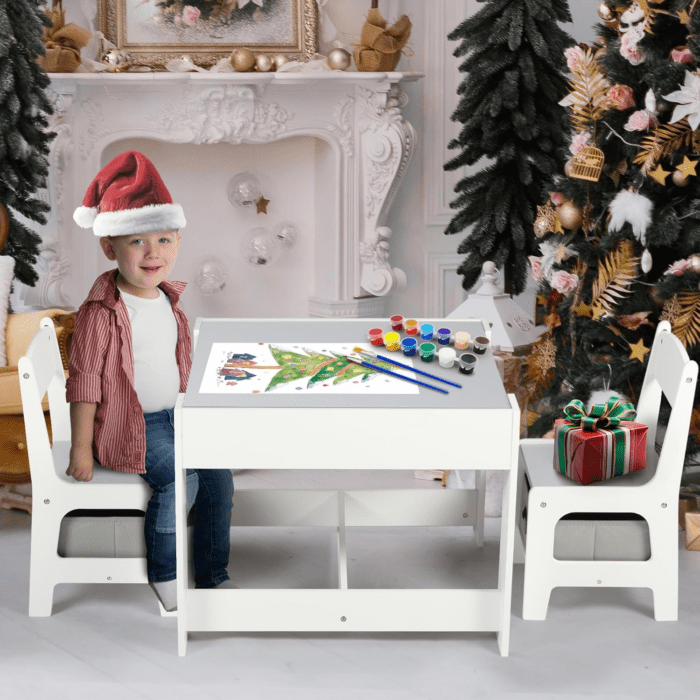 Kids Wood Table & 2 Chairs Set, 3 in 1 Children Activity Table W/Storage, Removable Tabletop, Blackboard, 3-Piece Toddler Furniture Set for Art, Crafts, Drawing, Reading, Playroom, Grey - Image 3