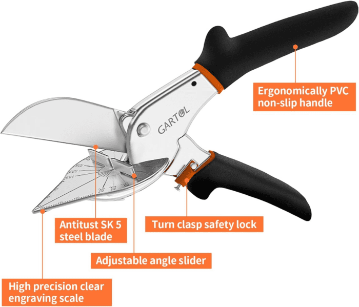 Multifunctional Trunking/Miter Shears for Angular Cutting of Moulding and Trim, Adjustable at 45 to 135 Degree, Hand Tools for Cutting Soft Wood, Plastic, PVC, with Replacement Blades - Image 2