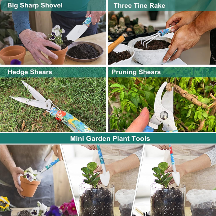 Garden Tool Set, Stainless Steel Heavy Duty Gardening Tools 30 PCS W/Floral Print, Trowel Rake Weeder Pruner Shears Sprayer Digging Claw Gloves, Ideal Gardening Set for Women - Image 3