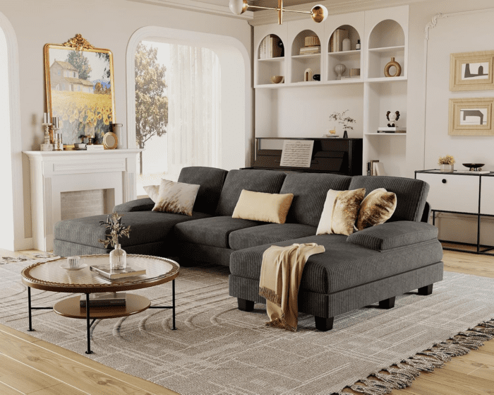 Sectional Couches for Living Room, U-Shaped Sofa Couch with Soft Corduroy, 4 Seat Sofa Set with Double Chaise for Apartment (Corduroy, Dark Grey) - Image 6