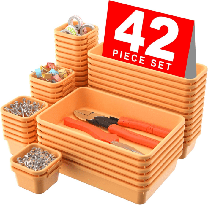 【42Pcs】【Orange】 Tool Box Organizer Tray Divider Set, Desk Drawer Organizer, Garage Organization and Storage Toolbox Accessories for Rolling Tool Chest Cart Cabinet Work Bench Small Parts