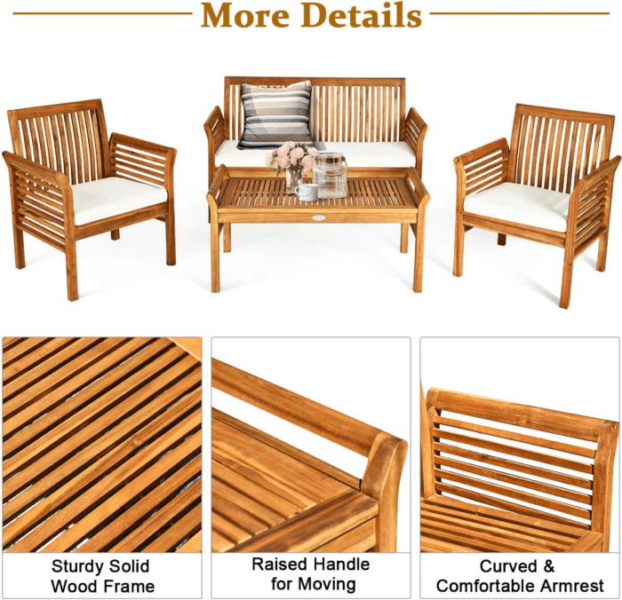 4 Piece Outdoor Acacia Wood Sofa Set with Water Resistant Cushions, Padded Patio Conversation Table Chair Set W/Coffee Table for Garden, Backyard, Poolside (1) - Image 9