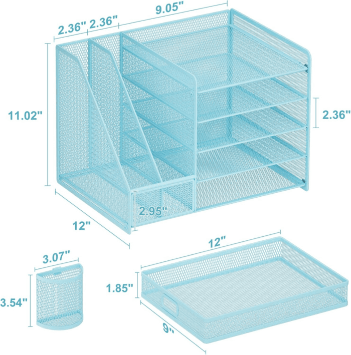 Desk Organizer with File Holder, 5-Tier Paper Letter Tray Organizer with Drawer and 2 Pen Holder, Mesh Desktop Organizer and Storage with Magazine Holder for Office Supplies(Blue) - Image 6