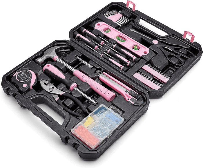 DIY Household Tool Set with Storage Case, 142 Piece, Pink, 13.39 X 9.25 X 2.95 Inch