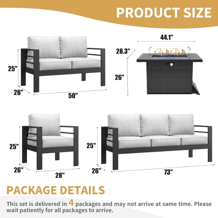 Aluminum Furniture Set with Fire Pit Table, 5 Pieces Patio Sectional Conversation Chat Sofa Modern Seating Set - Image 7