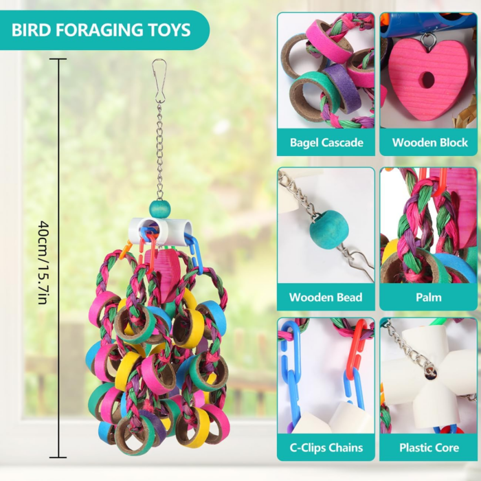 Bird Toys Conure Toys,Bird Parrot Foraging Shredder 24 Pcs Colorful Bagel Chewy Rings for Small Parrots Parakeets Conures Cockatiels Love Bird Cage Accessies (W) - Image 6