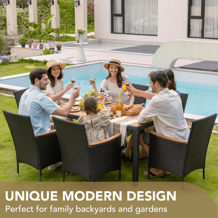 Dining 7 PCS Furniture, Patio Conversation Set with Acacia Wood Table Top, Rattan Outdoor, Black - Image 3