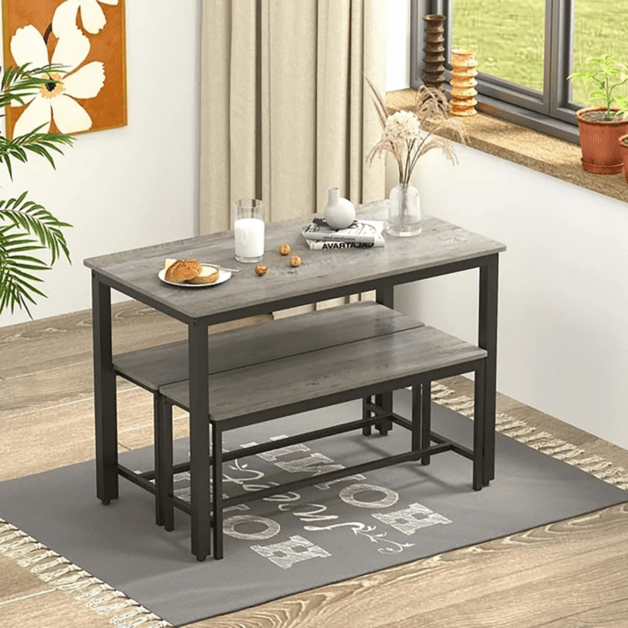 3-Piece 4 Bar 2 Dining Benches, 43.3'' Wood Kitchen Table & Chair Set for Breakfast Nook and Small Space, Grey - Image 5