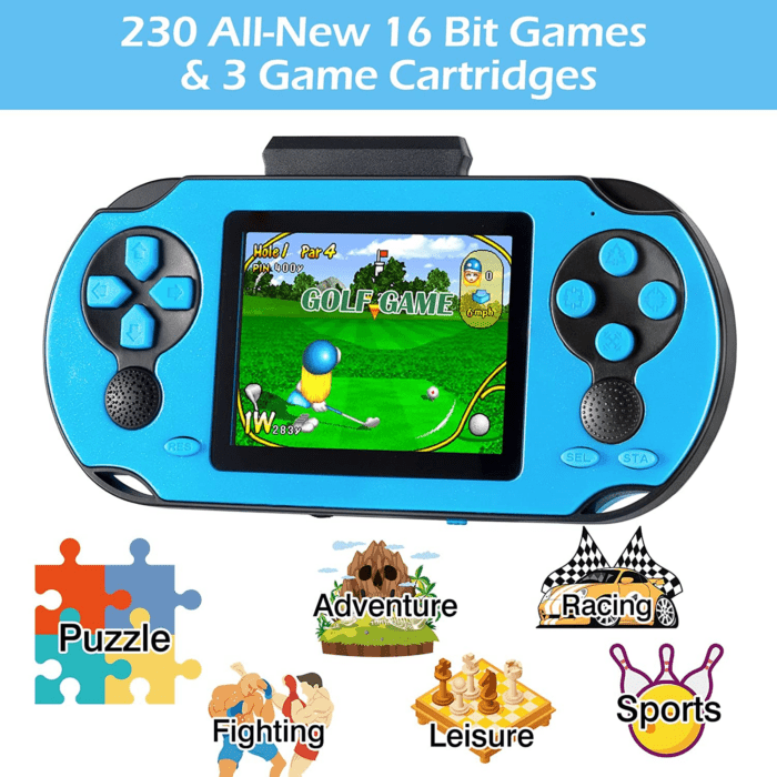 16 Bit Handheld Game for Kids Adults, 3.0'' Large Screen Preloaded 230 HD Classic Retro Video Games with USB Rechargeable Battery & 3 Game Cartridges for Birthday Gift for Kids 4-12 (Blue) - Image 2