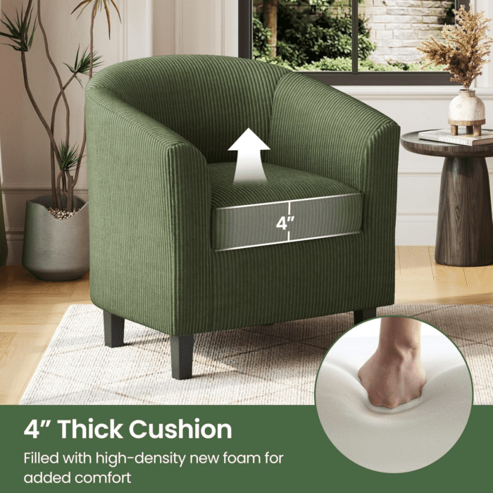 Corduroy Barrel Chairs Set of 2, Upholstered Club Chairs Accent Chairs, round Armchairs Waiting Room Chairs with Soft Cushion for Living Room Bedroom Reading Room, Dark Green - Image 7