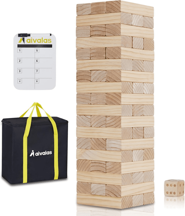 Giant Timber Blocks Games, 56 Blocks Large Tower Outdoor/Indoor Games - Includes Carry Bag and Scoreboard, Wood Stacking Yard Games Grows from 2FT to over 4.2FT for Kids Adults Family