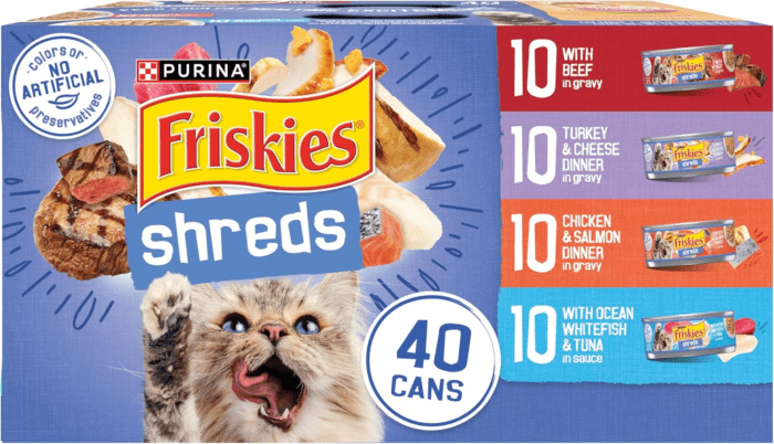 Friskies Wet Cat Food Variety Pack, Shreds with Beef, Turkey and Cheese Dinner, Chicken and Salmon Dinner, and with Ocean Whitefish and Tuna - (Pack of 40) 5.5 Oz. Cans