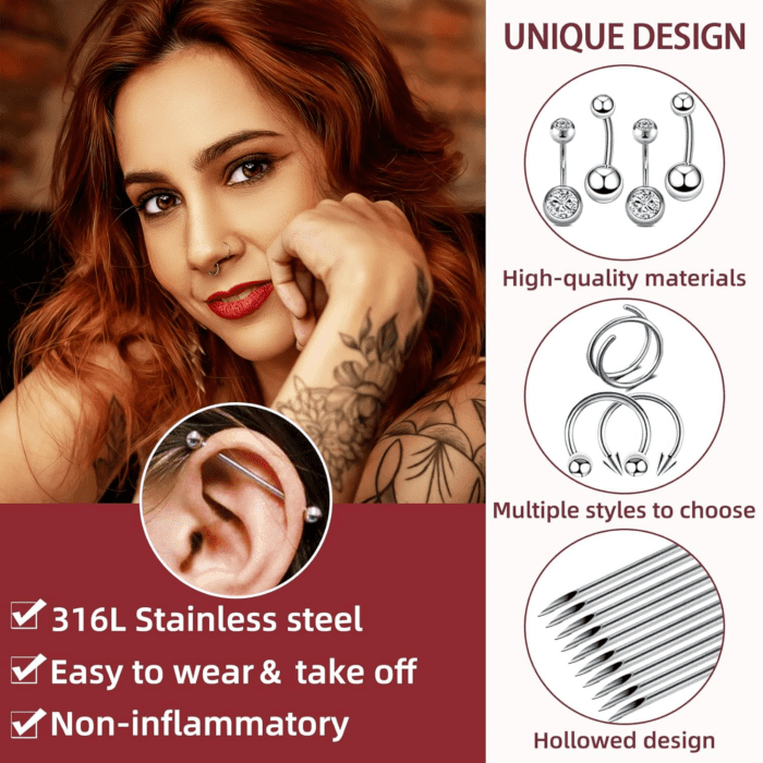 103PCS Piercing Kit for All Body Piercings Stainless Steel Piercing Jewelry with 12G 14G 16G 20G Piercing Needles and Tools for Nose Septum Belly Button Lip Ear Tongue Cartilage Eyebrow Tragus - Image 3