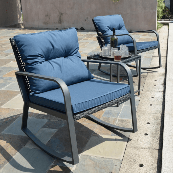 3 Pieces Patio Rocking Chairs Outdoor Bistro Set, Wicker Outdoor Rocker Chair of 2, Porch Sofa Seat Patio Furniture Conversation Sets with Tempered Glass Top Coffee Table & Cushions, Dark Blue - Image 2