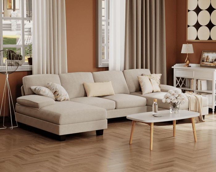 Sectional Couches for Living Room, U-Shaped Sofa Couch with Soft Corduroy, 4 Seat Sofa Set with Double Chaise for Apartment (Corduroy, Beige) - Image 7