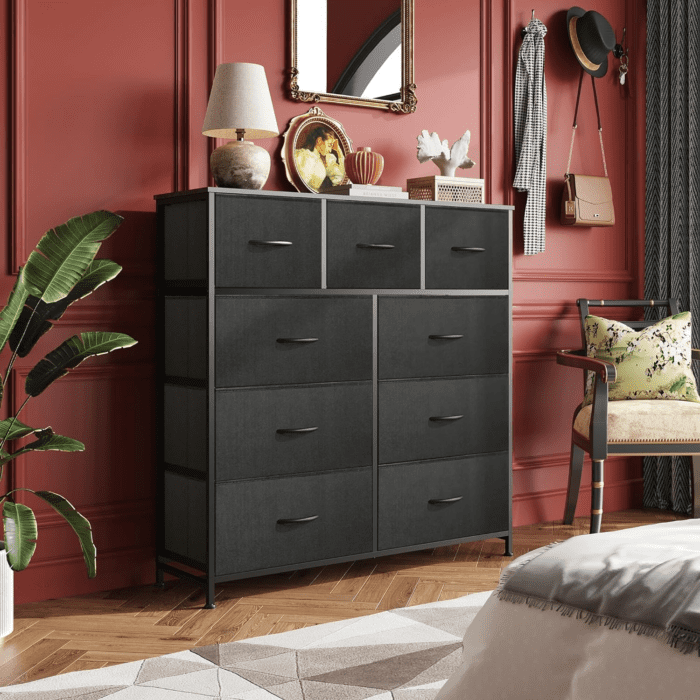 9-Drawer Dresser, Fabric Storage Tower for Bedroom, Hallway, Entryway, Closet, Tall Chest Organizer Unit with Fabric Bins, Steel Frame, Wood Top, Easy Pull Handle, Charcoal Black - Image 6