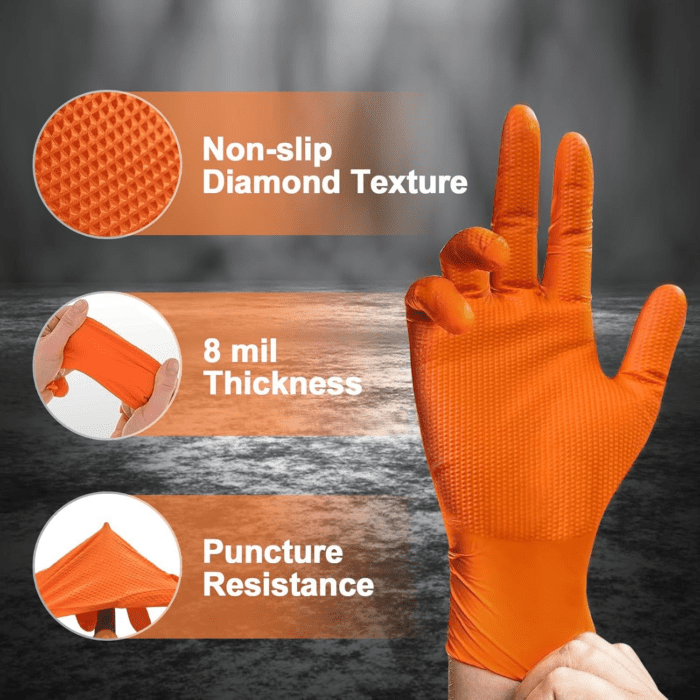 Heavy Duty Nitrile Disposable Gloves,8-Mil Orange,Raised Diamond Texture Work Gloves，Industrial Work Gloves - Image 2