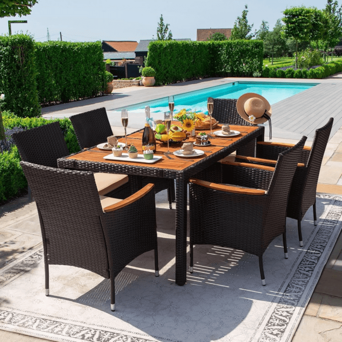 Dining 7 PCS Furniture, Patio Conversation Set with Acacia Wood Table Top, Rattan Outdoor, Black